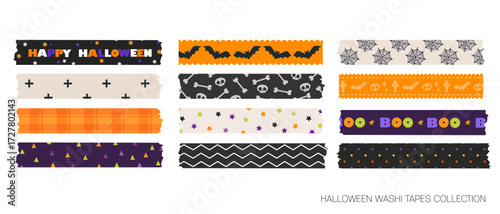 Vector illustration of Halloween washi tape set with spooky seamless patterns including pumpkins, bats, ghosts, spider webs, candy corn, stars, and skulls. Decorative masking tape collection 
