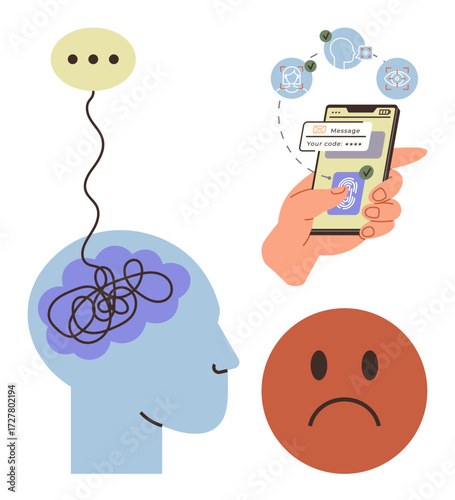Tangled thoughts in a head, hand using biometric authentication on a phone, and a frowning face. Ideal for mental health, technology, communication, security, identity, emotions and psychology