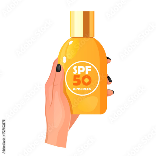Vector illustration of a woman’s hand holding a bottle of sunscreen cream. Sun protection and skincare concept. 