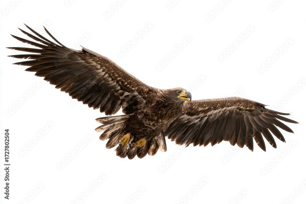 Obraz premium Majestic eagle soaring gracefully through the air with outstretched wings against a clear, bright background