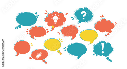 Colorful speech bubbles with question mark, lightbulb, and exclamation point.