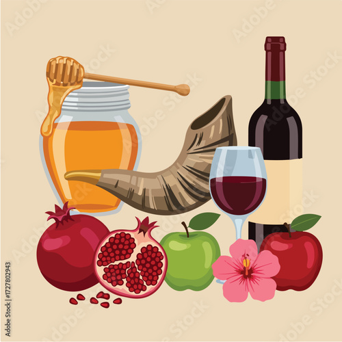 Festive Symbols of Rosh Hashanah Honey, Shofar, and Traditional Delights