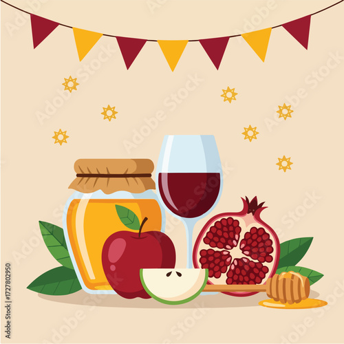 Rosh Hashanah Celebration Honey, Apple, Pomegranate, and Wine Symbolism
