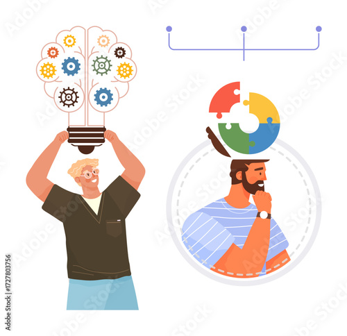 Man holding light bulb filled with gears, symbolizing idea generation second man with puzzle head thinking deeply. Ideal for creativity, teamwork, innovation, problem-solving, collaboration