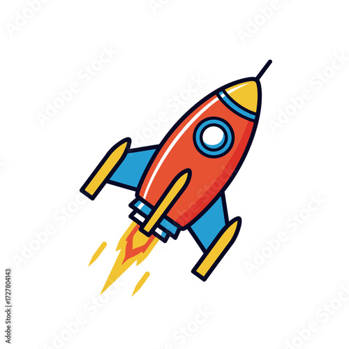 A vibrant cartoon red rocket ship launching upwards with blue fins, a round window, and fiery yellow exhaust flames.