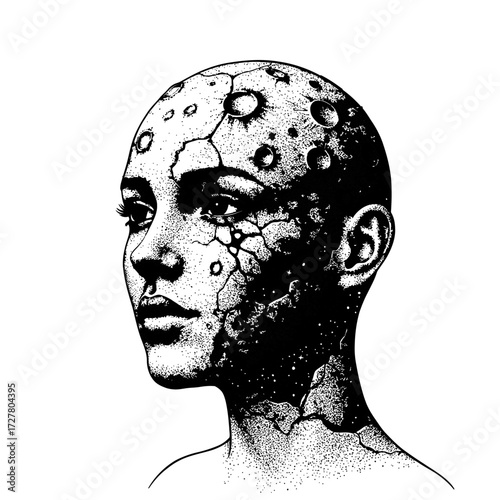 Surreal Portrait of a Woman's Face Cracked and Marked Like the Moon's Surface