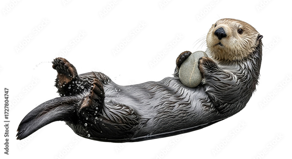 Obraz premium Sea otter floating on its back holding a shell against a white background.