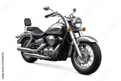 Chrome cruiser motorcycle parked, showcasing classic design