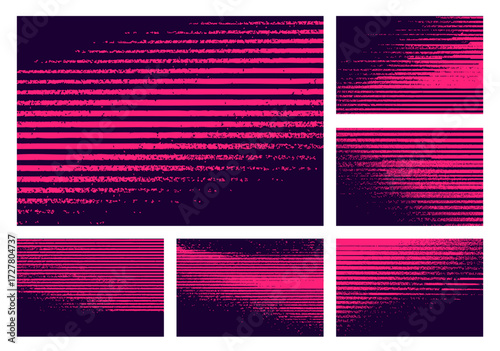 Abstract vector set with neon pink glitch stripes on dark backgrounds. Distorted noisy textures for futuristic, urban, and modern creative design projects.