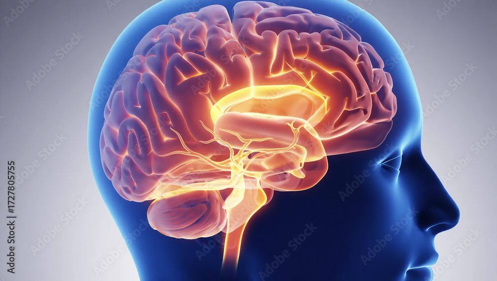 Obraz premium Glowing human brain anatomy with neural pathways and cerebral cortex image