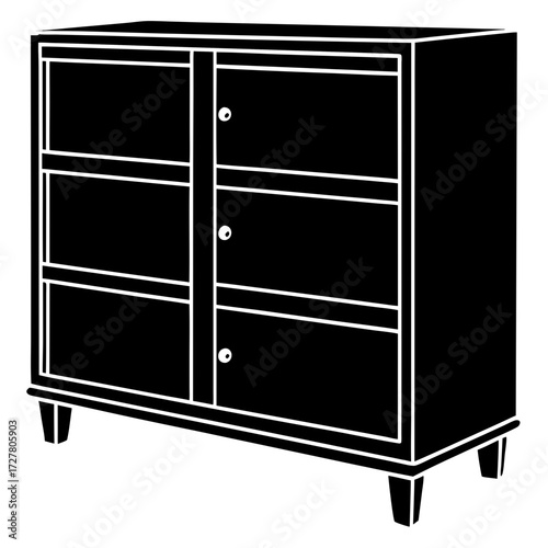 A black silhouette of a wooden cabinet with six compartments and three doors isolated on white background
