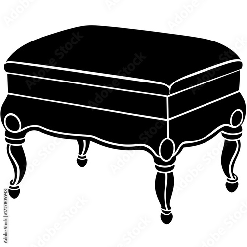 Classic upholstered ottoman with ornate carved legs silhouette isolated on white background