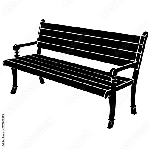 Classic park bench with ornate legs and slatted seat and backrest silhouette isolated on white background