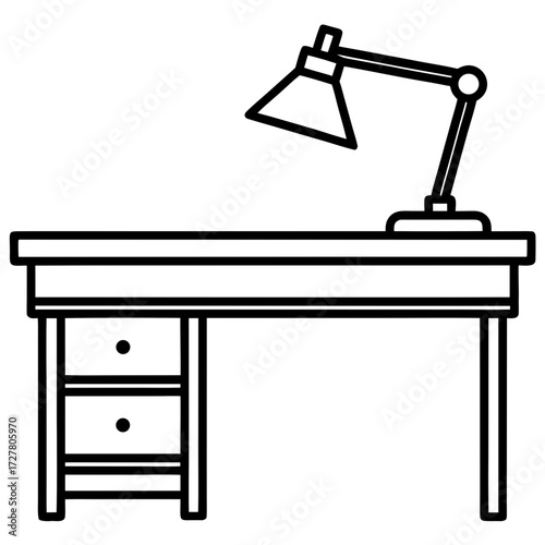 Simple line art illustration of a desk with a lamp and drawers isolated on white background silhouette