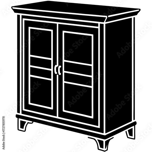 Classic wooden cabinet with double doors and decorative legs silhouette isolated on white background