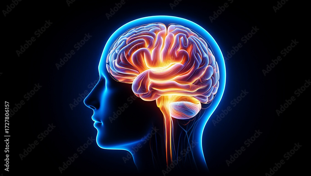 Obraz premium Glowing human brain with neural pathways and silhouette head
