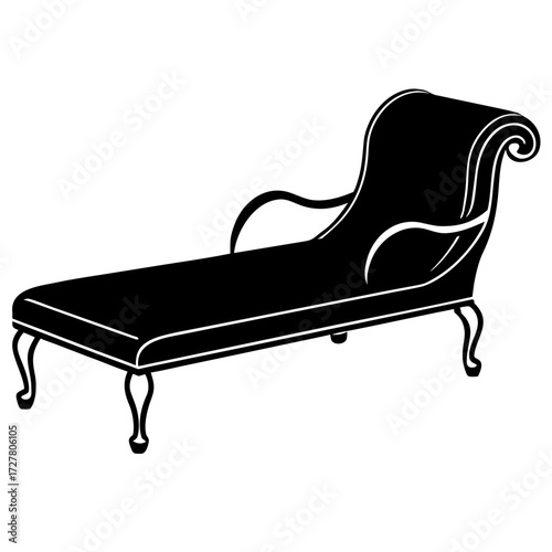 Elegant black chaise lounge silhouette with ornate curves isolated on white background