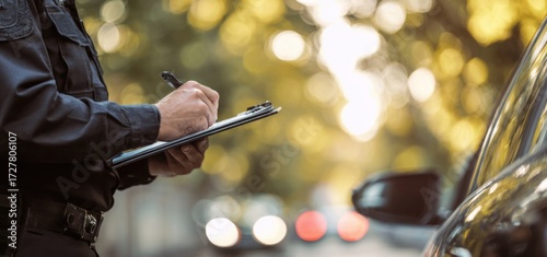 police officer in uniform is writing a parking ticket, traffic violation