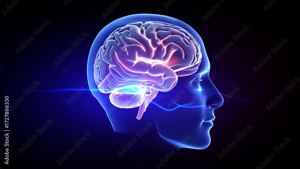 Fototapeta premium Glowing human brain inside translucent head with blue energy image