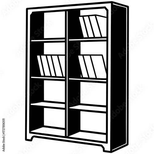 Black silhouette of a tall wooden bookshelf with multiple shelves and some books isolated on white background
