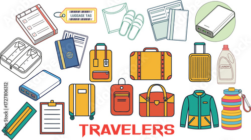Collection of colorful travel essentials and luggage items for travelers Keywords: travel, luggage, suitcase, bag, backpack