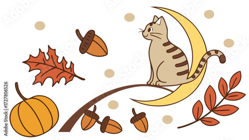 Cute Shy Bengal Cat, accessorized with sitting on a moon, in a Autumn world – Autumn Leaves palette vector