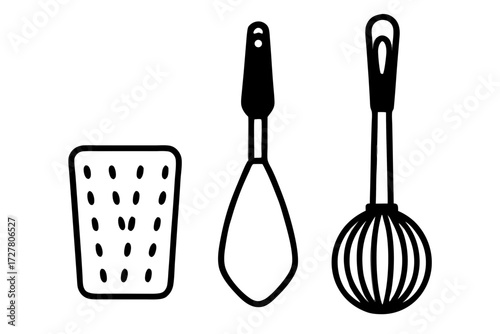 Collection of kitchen utensil silhouettes including a masher spatula and whisk isolated on white background