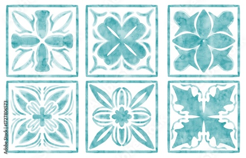six tiles with blue watercolor patterns