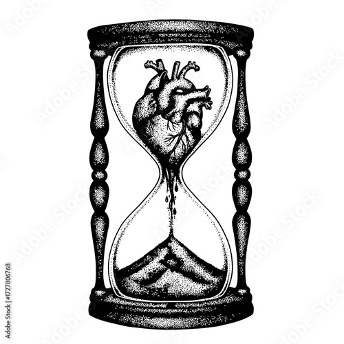 Vintage hourglass illustration with anatomical heart and sand falling, symbolizing time and life