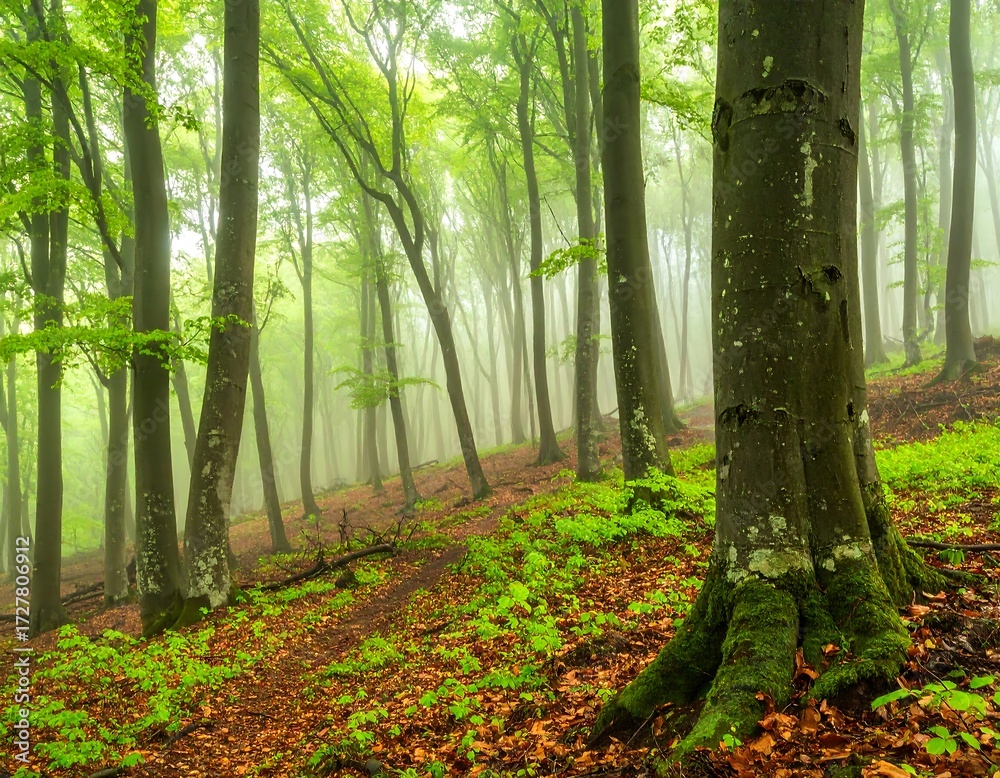 Fototapeta premium Misty forest scene with lush foliage