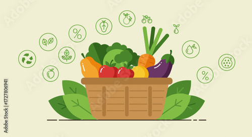 Fresh Organic Vegetables Harvested and Ready to Eat, Surrounded by Healthy Food Icons and Lush Green Leaves