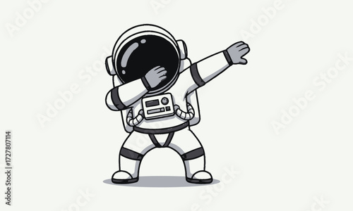 Cartoon Astronaut Dabbing Illustration in Full Space Suit – Playful Space Explorer Pose with Reflective Helmet and Chest Panel on White Background