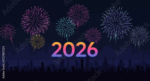 New Year's Eve Fireworks Display Over City Skyline Celebrating 2026 in Vibrant Colors