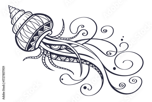 Floral design, featuring a delicate arrangement of leaves, swirls, and dots in shades of red and blue, creating a visually pleasing composition