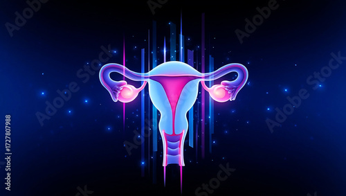 Glowing reproductive system with vibrant neon lights and starry background uterus ovaries