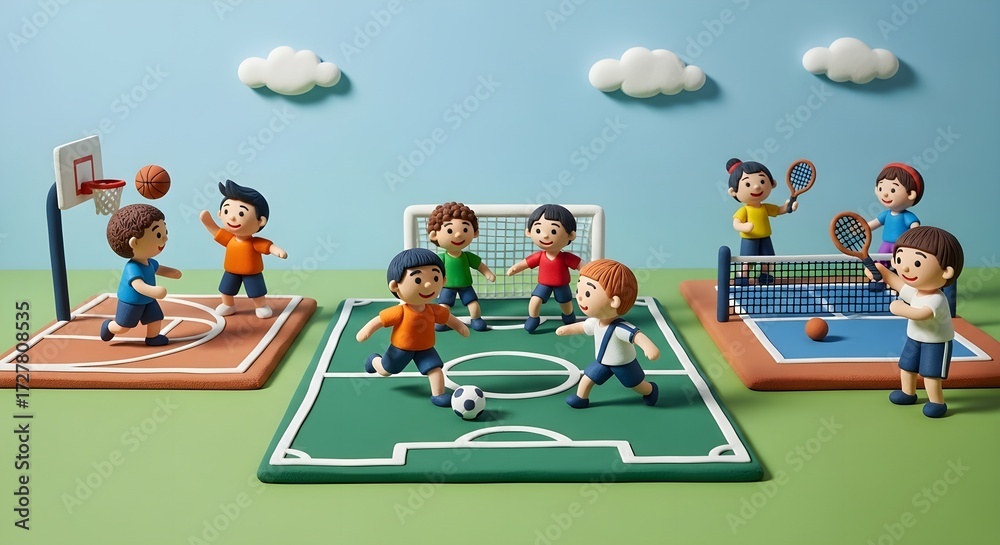Fototapeta premium Playful clay art of children in sports activities.