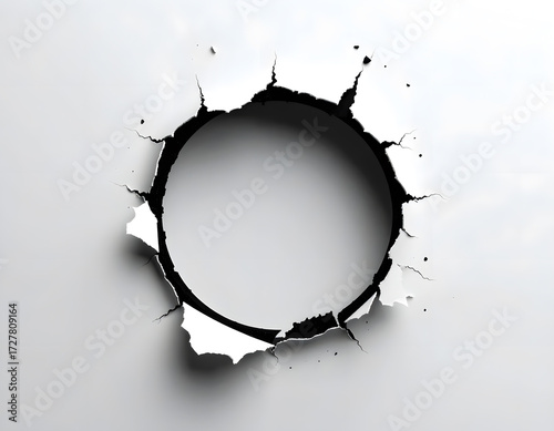Circular Break in Wall with Cracked Edges on White Background