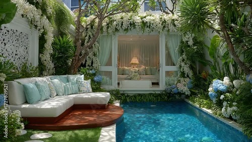 Serene tropical garden retreat with pool and lounge area, perfect for relaxation and escape