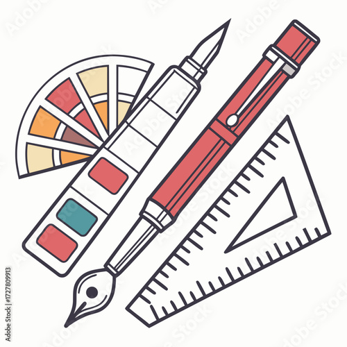 A collection of artistic tools including a color palette fountain pen drafting pen and a triangle ruler representing creativity and design
