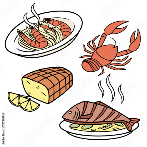 A collection of delicious and appetizing food illustrations including shrimp pasta a whole lobster a roasted meat loaf with lemon slices and a grilled fish with vegetables on a white background
