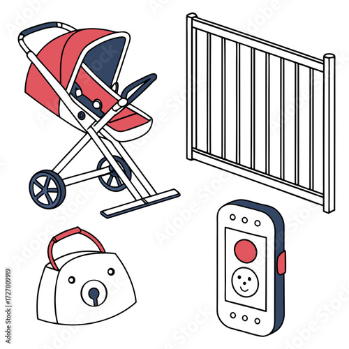 A collection of baby care items including a stroller crib baby monitor and a cute bear shaped bag presented in a clean isometric illustration style