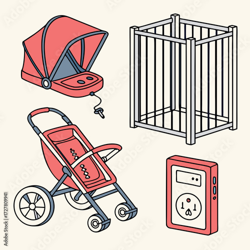 A collection of essential baby items including a stroller a bassinet a playpen and a baby monitor displayed in a clean isometric illustration style
