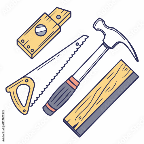 A collection of hand drawn carpentry tools including a saw hammer utility knife and wood plank presented in a flat design style with a white background