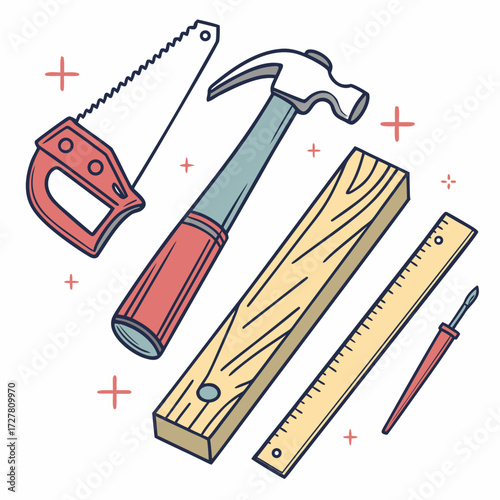 A collection of hand drawn carpentry tools including a saw hammer wooden plank ruler and awl with decorative plus signs and sparkles on a white background