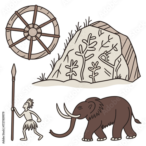 A collection of prehistoric elements including a caveman with a spear a mammoth a primitive wheel and cave paintings on a rock formation