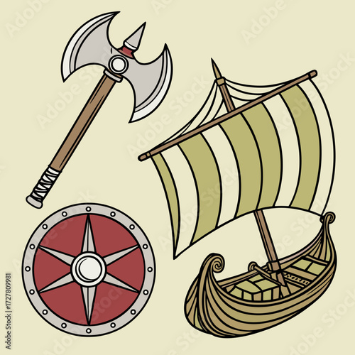 A collection of hand drawn scandinavian viking era icons including a battle axe a round shield and a longship with striped sails on a pale yellow background