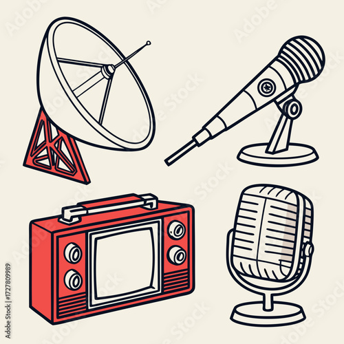 A collection of retro communication devices including a satellite dish vintage television and two microphones presented in a simple graphic style