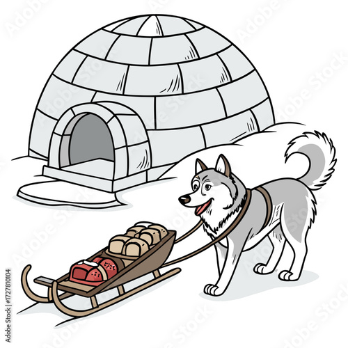 A happy cartoon husky dog pulling a sled loaded with supplies in front of a snowy igloo home in a winter landscape illustration