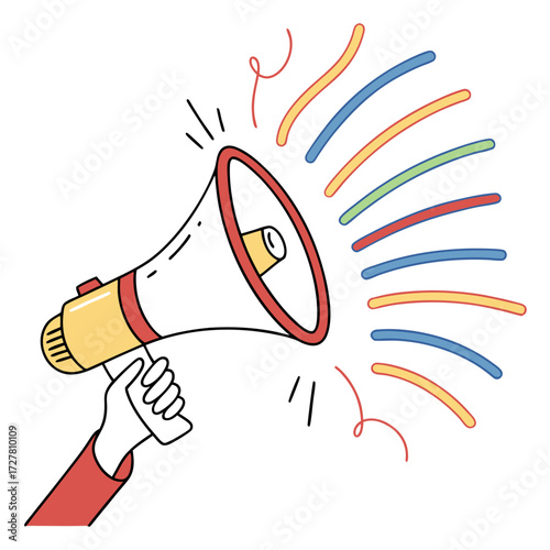 A hand holding a colorful megaphone with sound waves emanating from it symbolizing announcement and communication in a vibrant and cheerful style