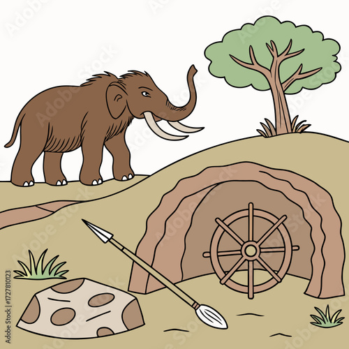 A prehistoric mammoth stands on a grassy hill near a cave entrance containing a primitive wheel and a spear with a lone tree in the background representing early human ingenuity and the ice age